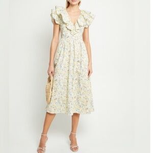 O.P.T. Kate Floral Ruffle Collar Midi Dress Yellow Size M